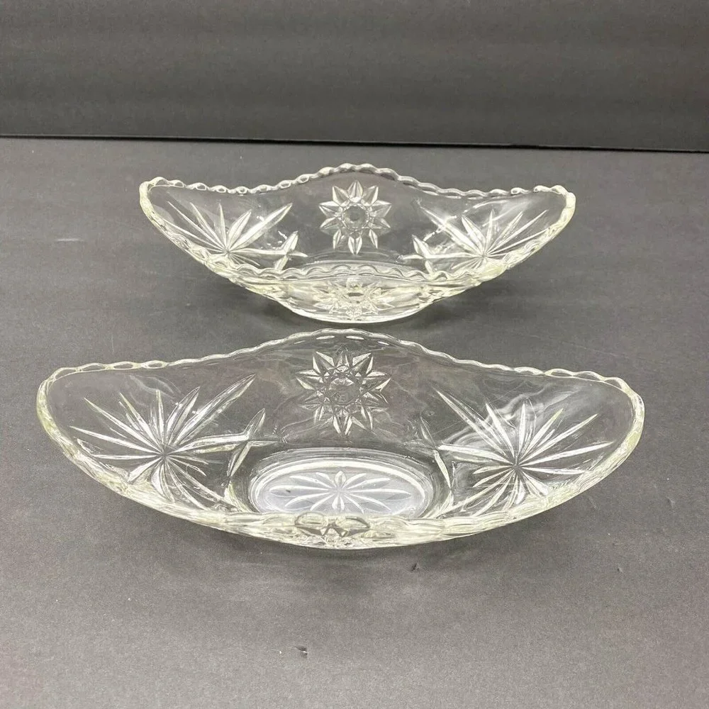 VTG 80s Pressed Glass Starburst Oval Serving Bowls Dish Set Of 2 Star Of David‎